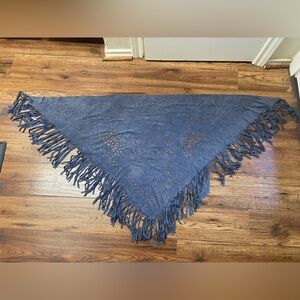 faux suede shawl or poncho with fringe and cut-out designs Gray